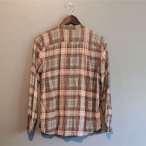 Chaps Denim Size Medium Plaid Top Womens No Collar Shirt Collarless M Brown LS - Picture 3 of 3